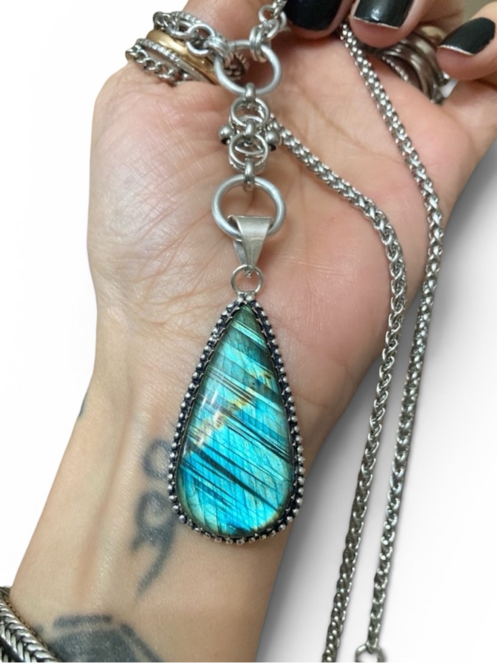 Iridescent flash labradorite gemstone celtic knot lariat Y shape necklace.